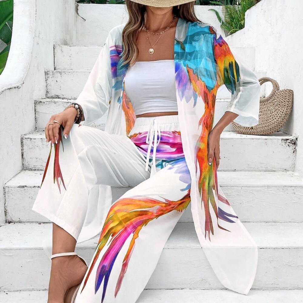 Yellow Casual Women's Tropical Floral 3/4 Sleeve Cardigan & Pants Set - Picture 3 of 6